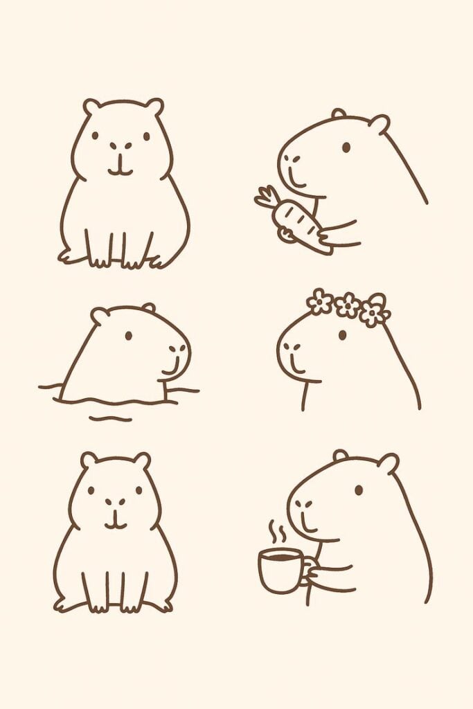 Six cute minimalist brown line capybara illustrations on beige background, showing sitting, holding a carrot, swimming, wearing a flower crown, and drinking coffee.
