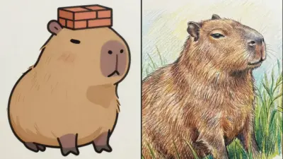 Side-by-side capybaras: left a cute cartoon capybara wearing a brick on its head; right a detailed colored-pencil realistic capybara in grass.