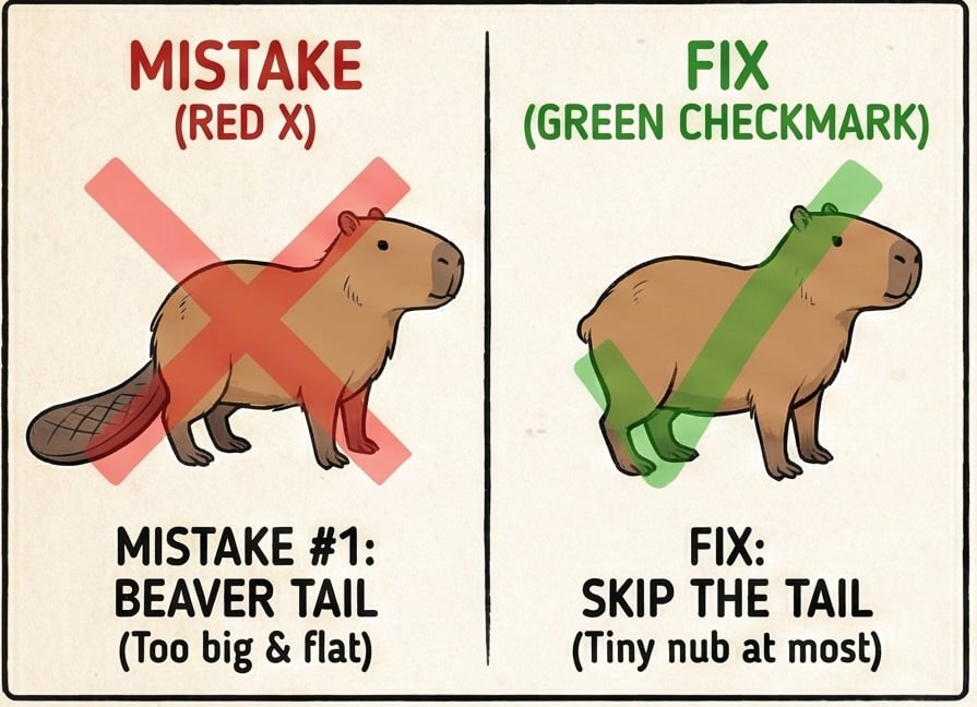Capybara drawing tutorial split image: mistake shows large flat beaver-like tail (red X), fix shows correct tiny nub tail (green check).