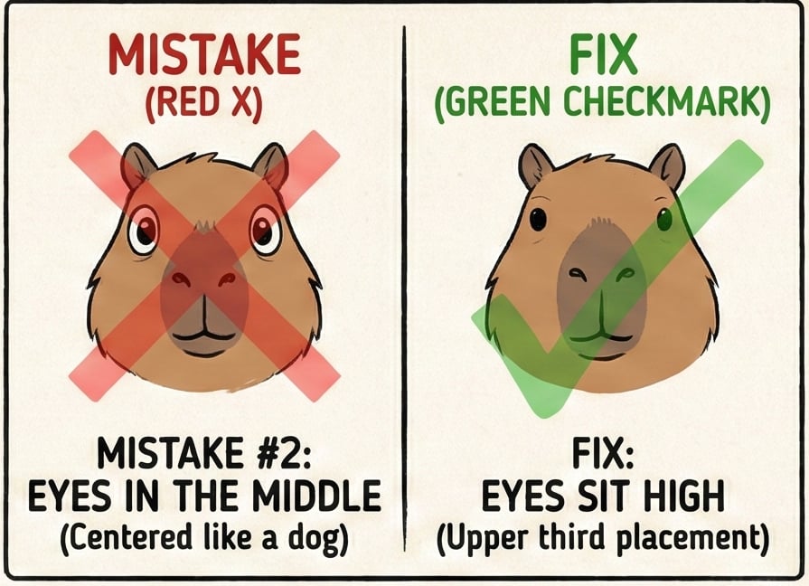 Capybara illustration: face showing common mistake vs fix: eyes centered (red X) vs eyes high (upper third) with green checkmark