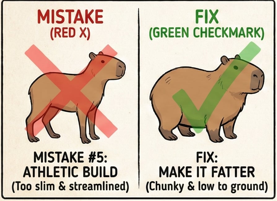 Illustration: capybara drawing mistake (too slim athletic build, red X) vs fix (chunky, low-to-ground, green check).