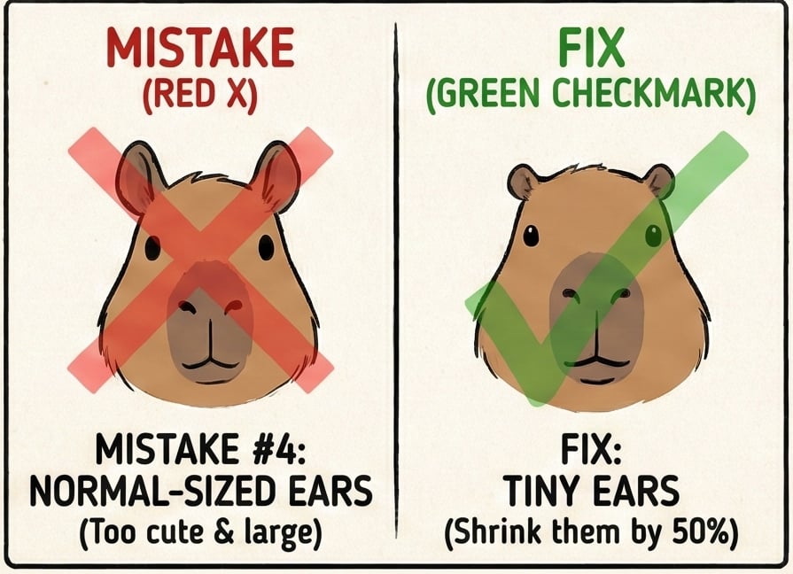 Capybara character design: split image showing 'Mistake' (red X) normal-sized ears vs 'Fix' (green check) tiny ears (shrink 50%).