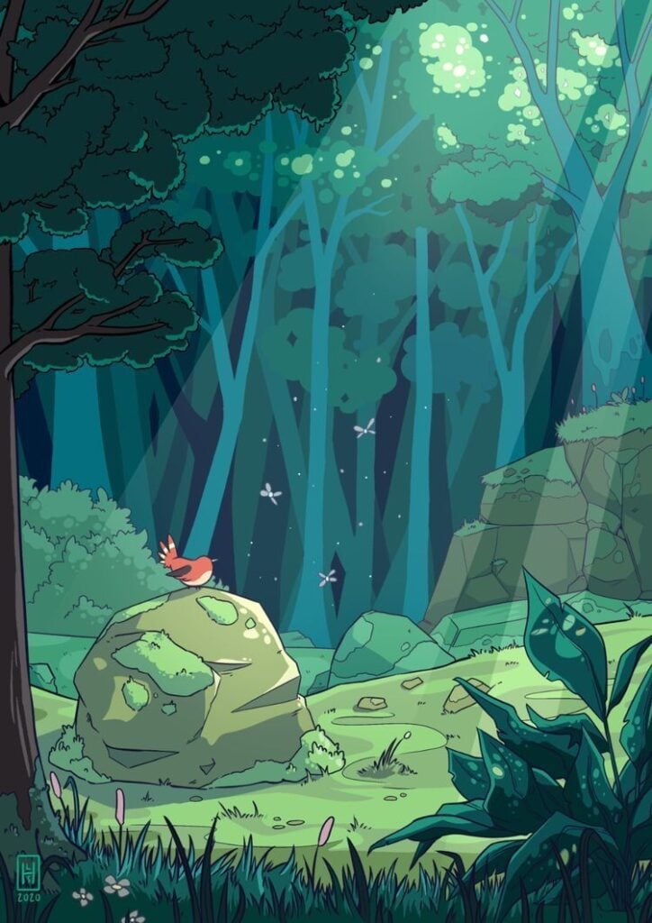Forest illustration: sunlit clearing with mossy rock, red bird perched, sunbeams through trees and glowing fireflies.