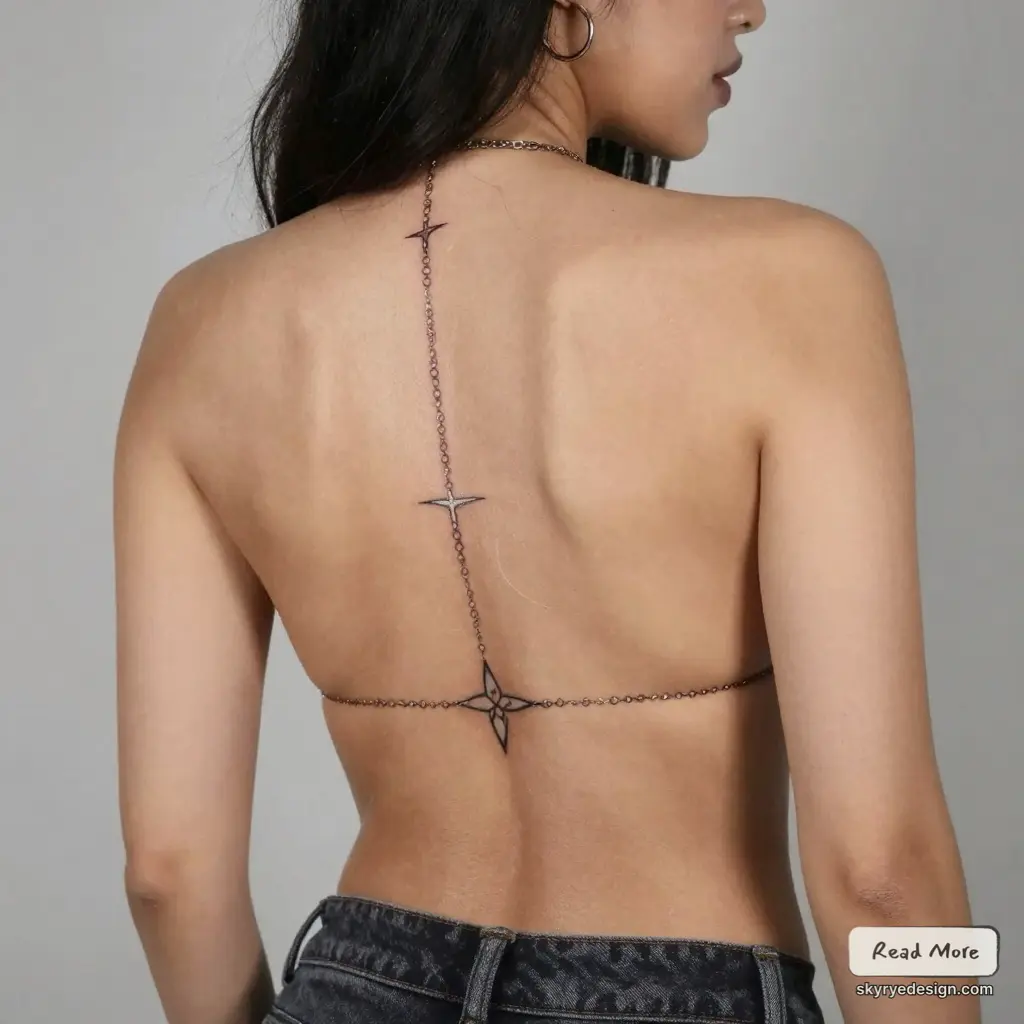 Woman's bare back wearing delicate chain back necklace with star compass pendants and low-rise denim jeans, hoop earring visible