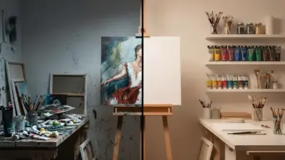 Split artist studio: messy, paint-splattered workspace with tubes and brushes contrasts with a clean, organized studio and blank canvas.