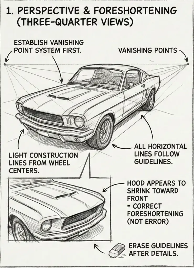 Annotated car sketch tutorial: three-quarter perspective and foreshortening with vanishing points, construction lines, guidelines, and eraser tip