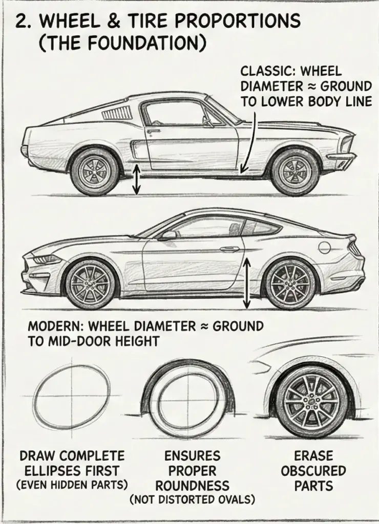 Illustrated guide of wheel & tire proportions: classic vs modern car side views with wheel-drawing tips—ellipses, roundness, erase hidden parts