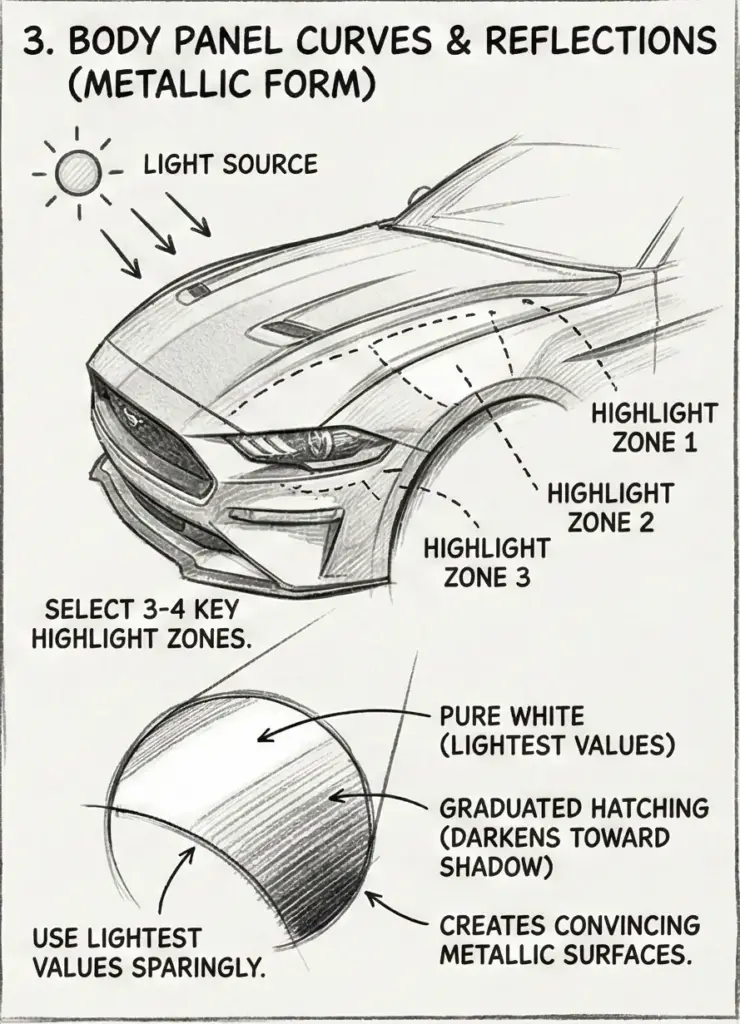 Sketch of car front fender showing light source, 3 highlight zones, and a shaded sphere demonstrating metallic reflections and graduated hatching.