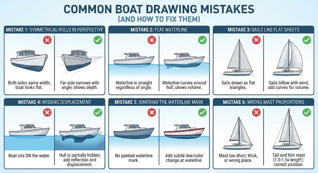 Infographic: common boat drawing mistakes and quick fixes with before/after sketches - hull perspective, waterline, sails, displacement, mast.