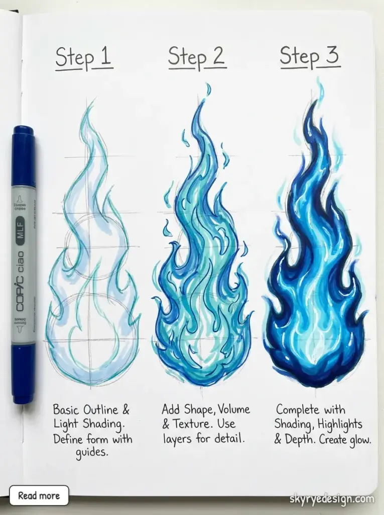 Blue flame drawing tutorial: three-step sketchbook guide — outline, add shape & texture, finish with shading, highlights and glow.