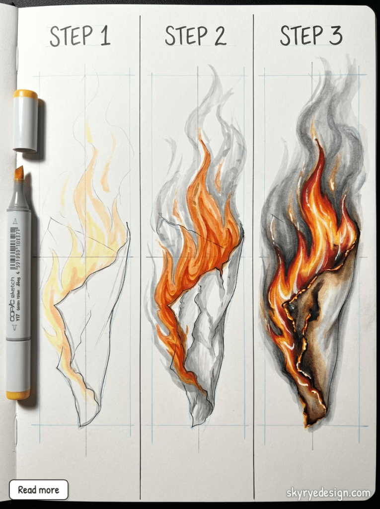 Step-by-step drawing tutorial showing progression from pencil outline to colored flames to charred, smoky paper using markers.