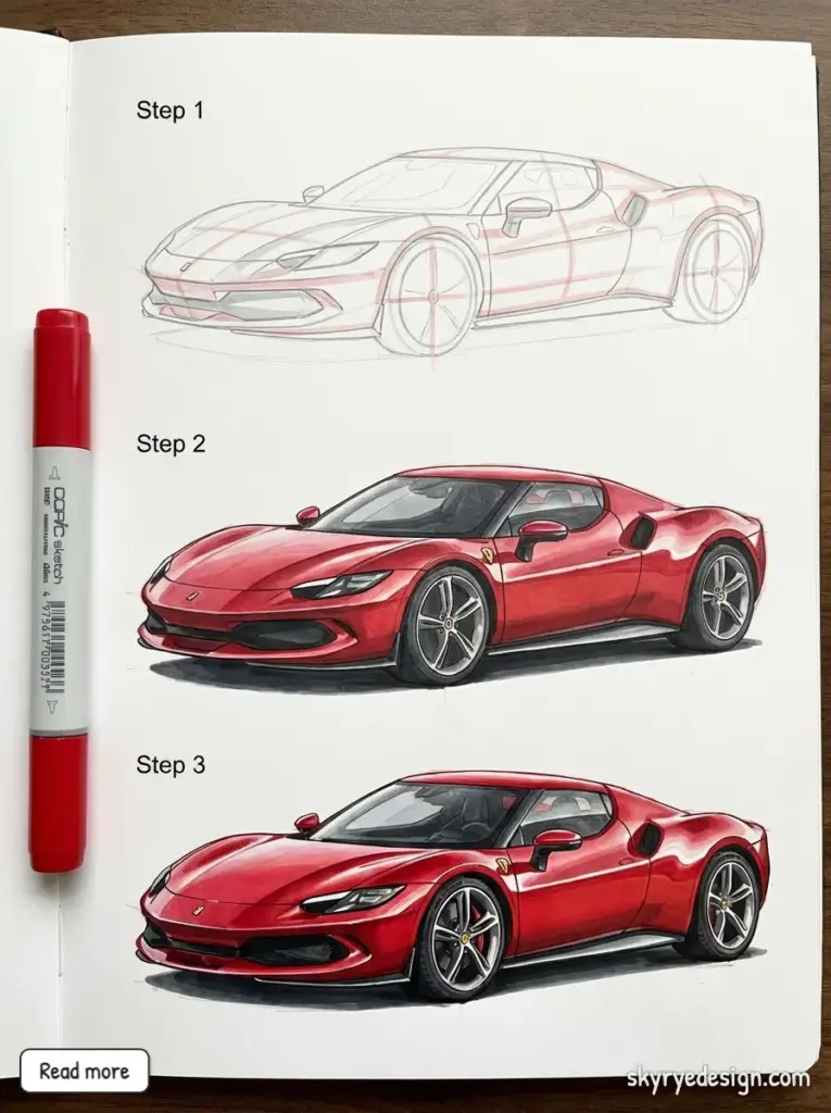 Three-step sketch tutorial showing progression from pencil construction to finished red Ferrari sports car rendered with Copic markers.