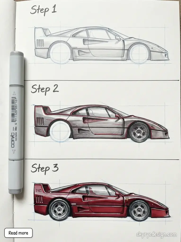 Car sketch tutorial — step-by-step showing three stages of a red sports car drawing on paper, from pencil layout to shaded Copic marker render.