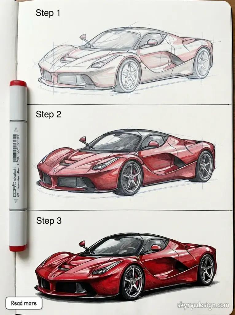 Three-step red sports car drawing progression from rough sketch to detailed rendered illustration, Copic marker visible.