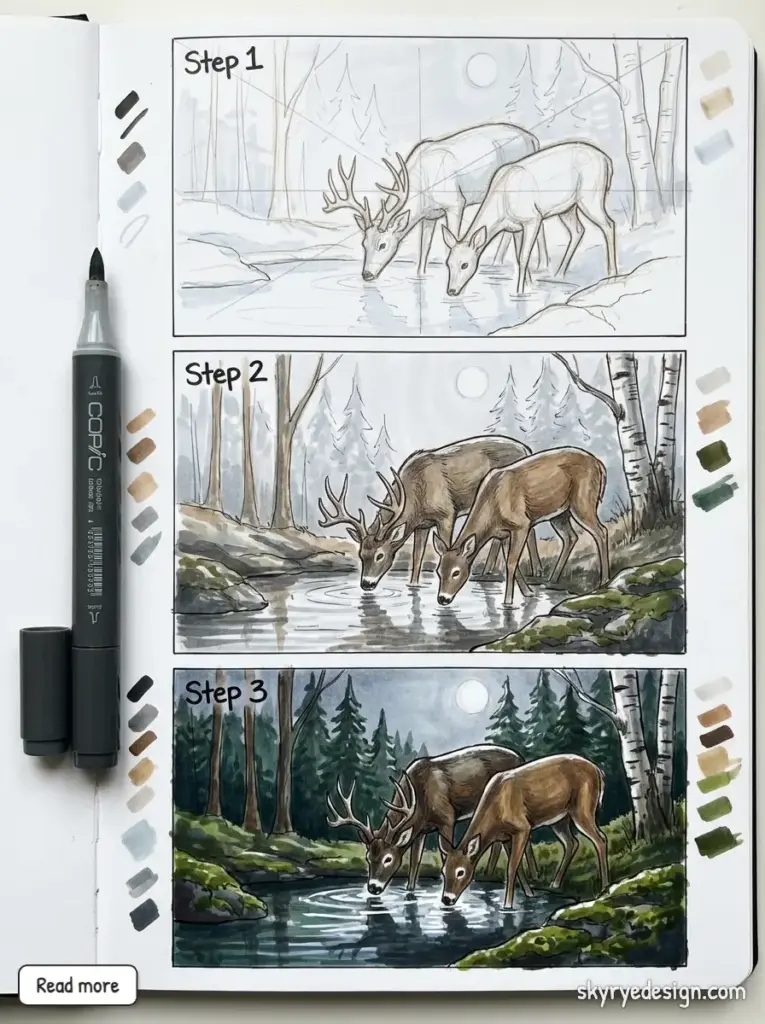 Sketchbook step-by-step tutorial: two deer drinking from a forest stream, pencil to full-color Copic marker illustration with color swatches