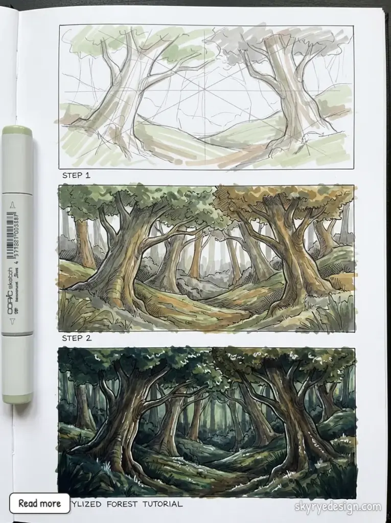 Sketchbook three-step stylized forest tutorial: pencil layout, colored mid-step, and final moody painted forest scene, marker at left.