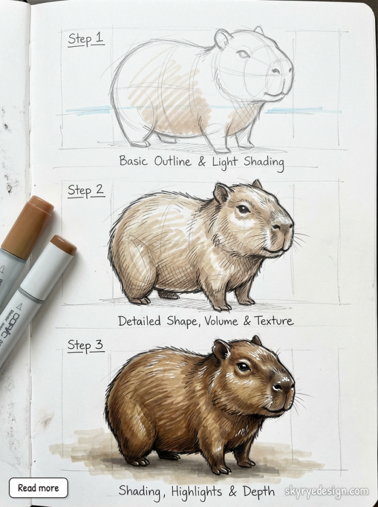 Step-by-step capybara drawing tutorial with markers: 1 outline & light shading; 2 detailed texture; 3 shading, highlights & depth.