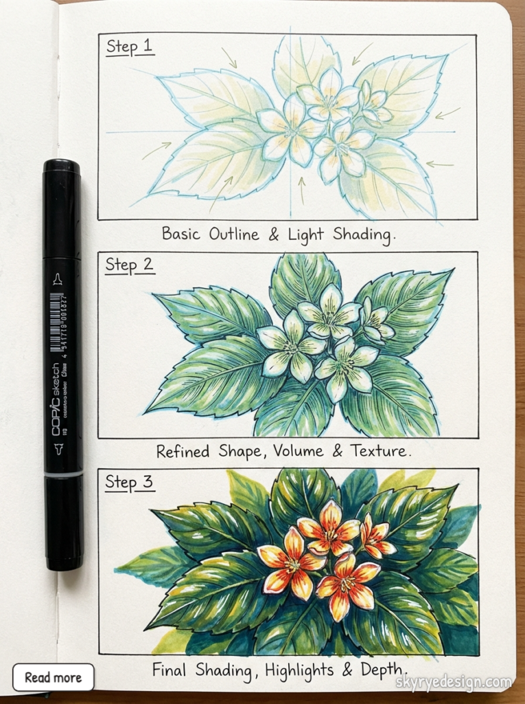 Step-by-step botanical drawing tutorial in a sketchbook: outlines, refined shading, and final full-color leaves with orange flowers.