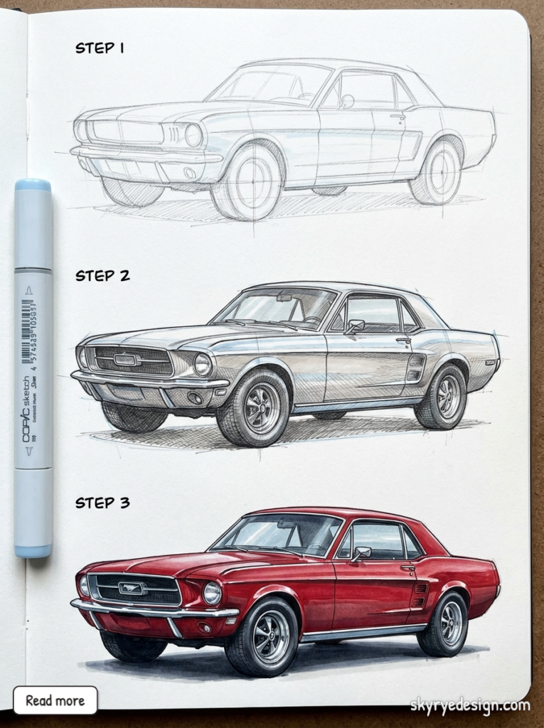 Sketchbook step-by-step 'how to draw' vintage Ford Mustang: pencil outline, shaded sketch, and finished red marker rendering.