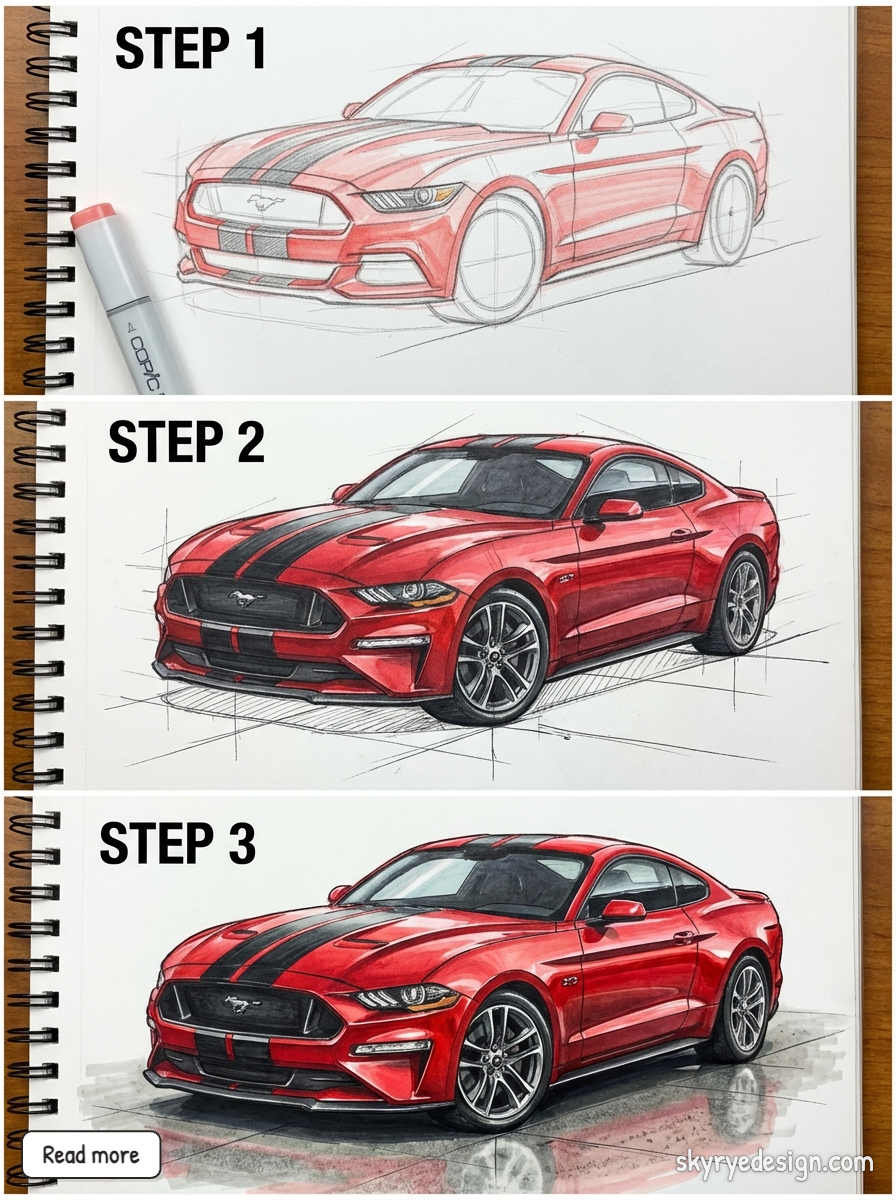 Three-step drawing tutorial: red sports coupe progressing from pencil sketch to realistic colored-marker rendering in a spiral-bound sketchbook