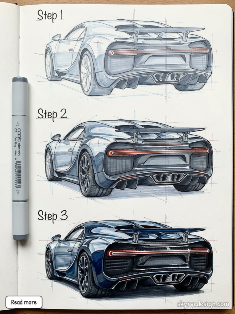 Three-step sports car sketch progression in a sketchbook showing rear 3/4 concept car rendered with Copic marker.