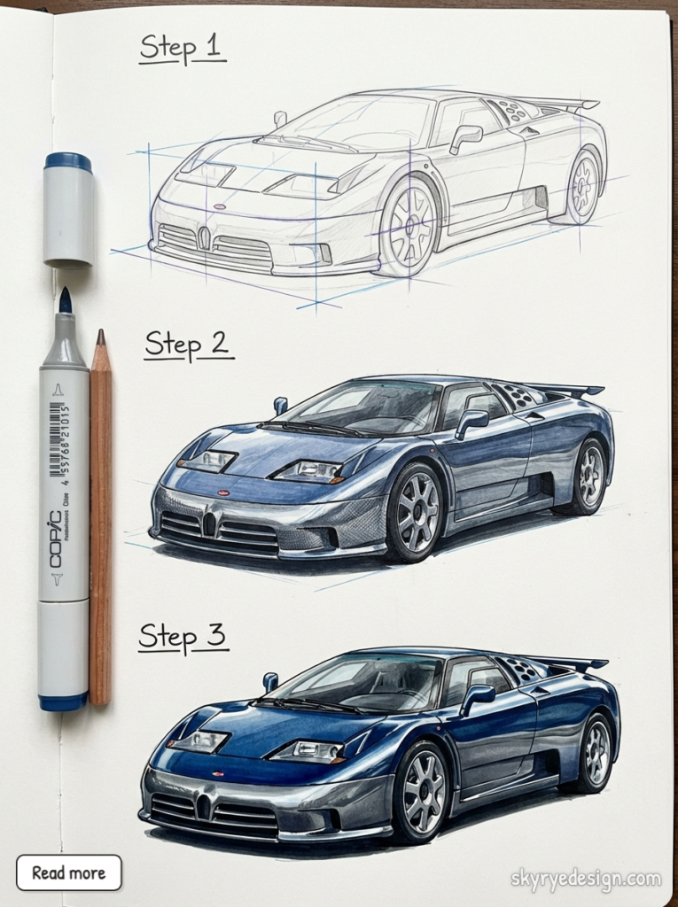 Step-by-step sports car drawing tutorial: pencil sketch, shaded rendering, and final blue supercar on sketchbook with Copic marker.