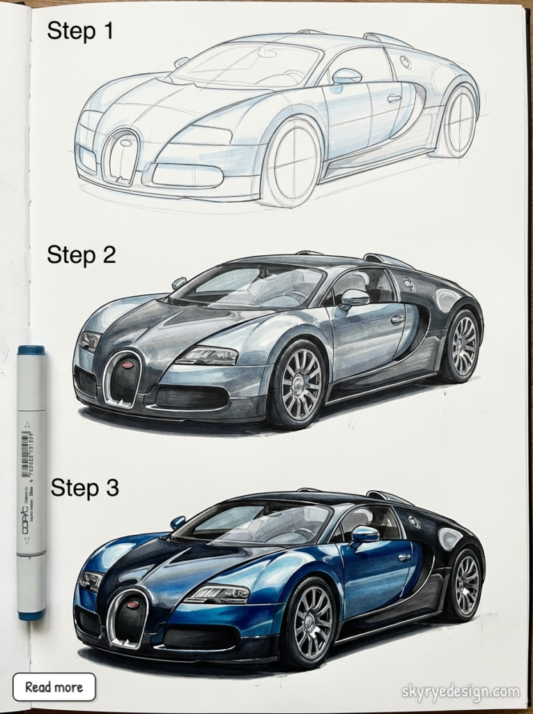 Bugatti Veyron drawing tutorial: three steps from rough sketch to shaded gray to finished blue marker rendering in a sketchbook