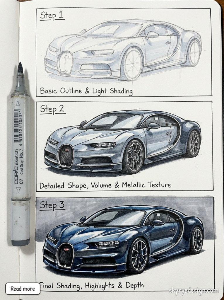 Sketchbook page showing a three-step car drawing tutorial: basic outline, detailed shape, and final shaded metallic sports car rendering.