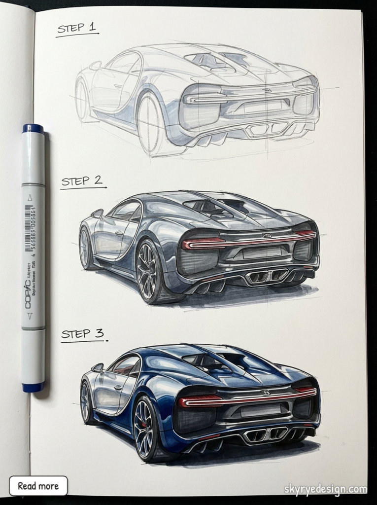 Three-step car design sketch showing rear 3/4 sports car progression from rough pencil to detailed blue marker rendering in sketchbook.