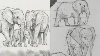 Pencil sketch studies of elephants: detailed family herd drawing alongside anatomical gesture sketches for wildlife art reference.