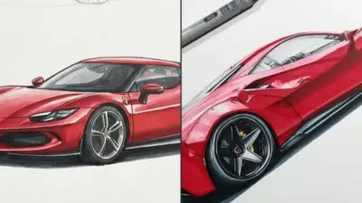 Side-by-side red sports car design sketches and marker renderings showcasing a sleek Ferrari-style concept with wheel detail