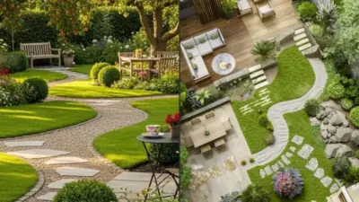Split image of two landscaped gardens: curved stone pathways through lush lawns with benches, patio dining area, wooden deck and outdoor seating.