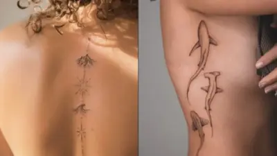 Minimalist tattoos: fine-line spine mountain and starburst design on back paired with three sharks swimming up the ribcage.