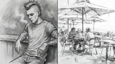 Left: Sketch of a tattooed person with a mohawk smoking; Right: Outdoor cafe scene with people seated under large umbrellas.