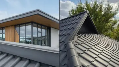 Split image showing modern flat roof overhang with wood soffit and glass facade contrasted with dark metal tile pitched roof.