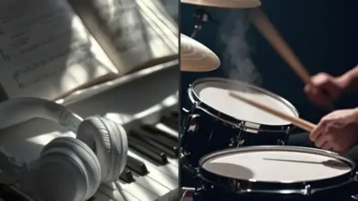 Split image of white headphones on piano keys with sheet music (left) and a drummer playing snare drums with sticks (right)