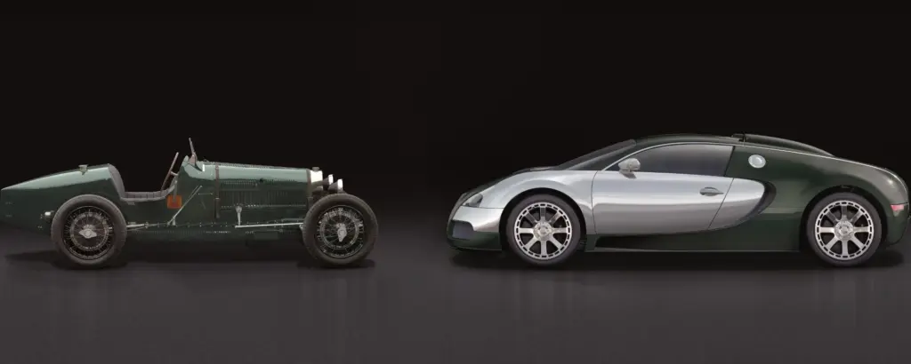 Side-by-side: vintage green race car and modern green-silver Bugatti Veyron sports car on dark background