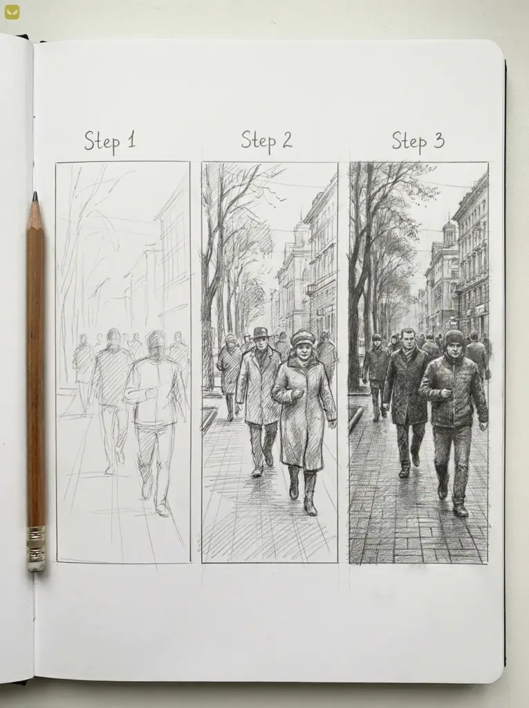 dde9b84a9c7b4470a47ea446509dde57 Pencil sketch progress showing street scene in three steps, from outline to detailed shading, with people walking and buildings in the background. | Sky Rye Design Pencil sketch progress showing street scene in three steps, from outline to detailed shading, with people walking and buildings in the background.