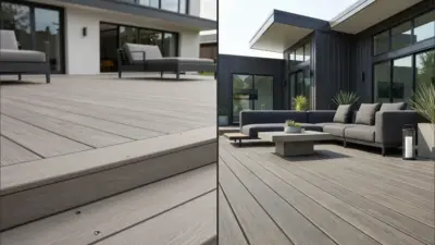 Modern gray composite deck patio with sectional sofa, low coffee table and contemporary house exterior.
