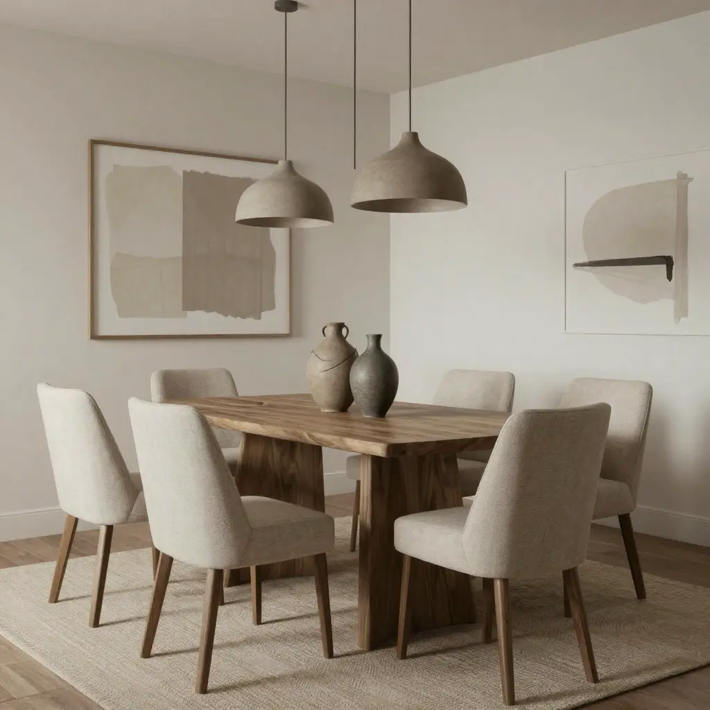 Minimalist dining room with wooden table, six beige upholstered chairs, pendant lights and abstract wall art.