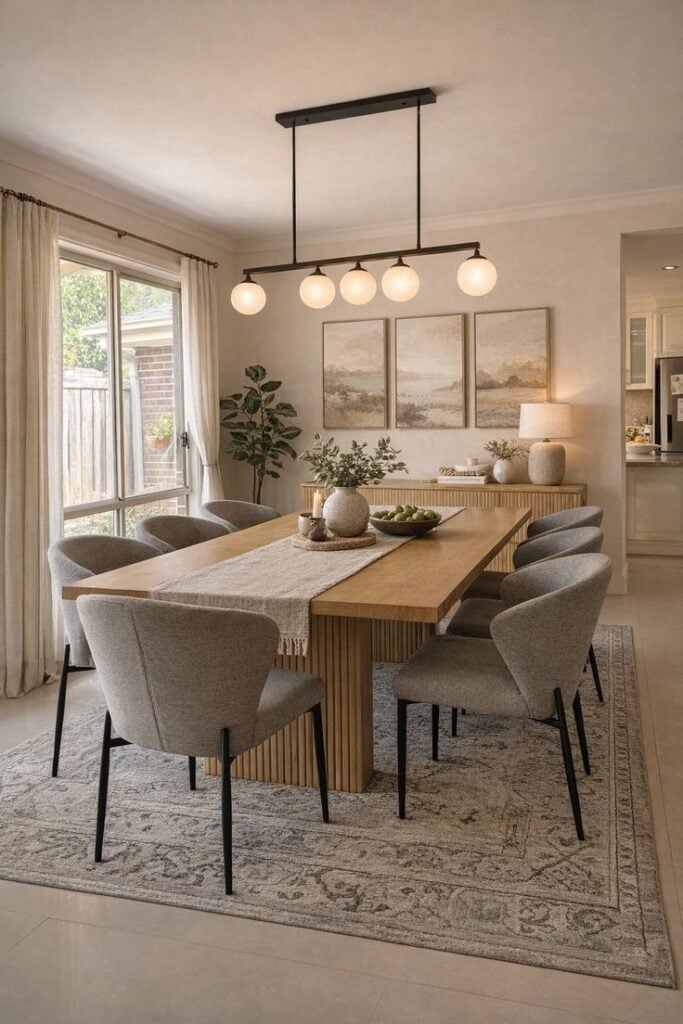 Contemporary dining room interior: wooden table with six upholstered gray chairs, globe pendant lights, neutral decor and large window.