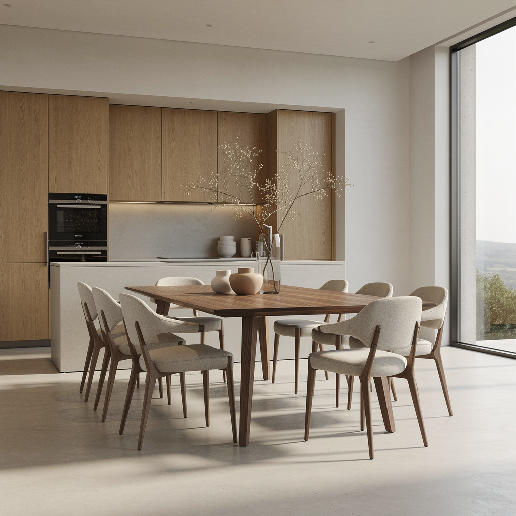 Modern dining room with walnut table, six upholstered chairs, minimalist wood kitchen and floor-to-ceiling window.