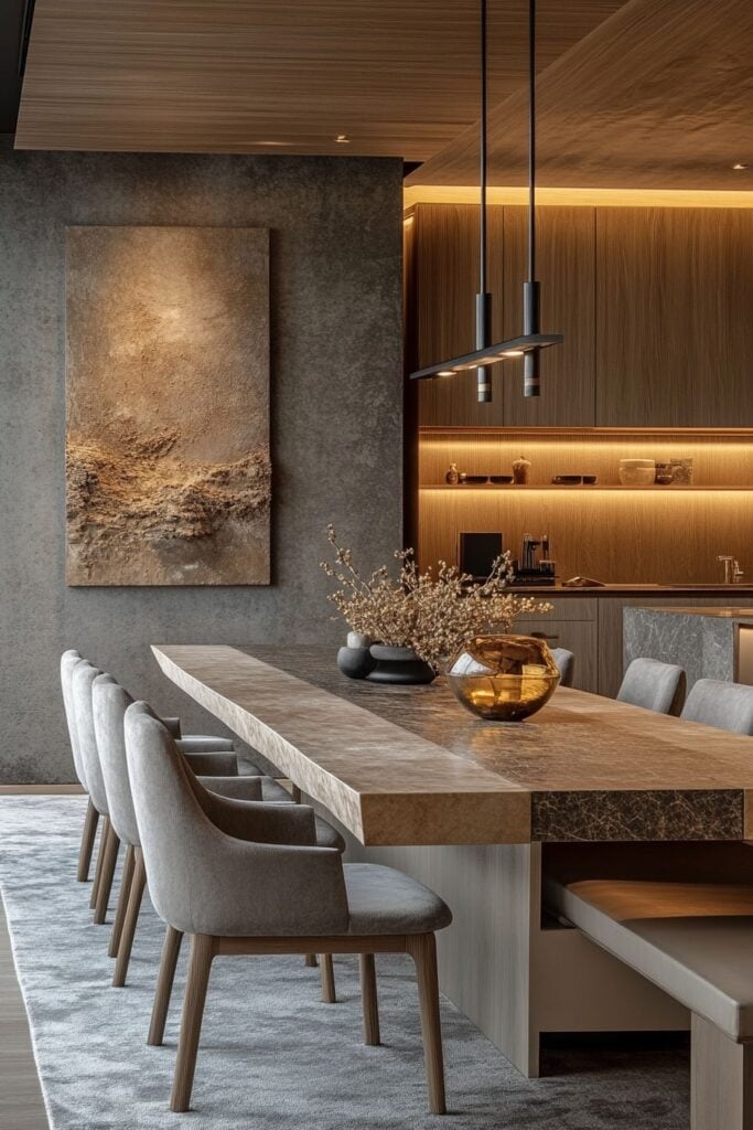 Contemporary luxury dining room interior with thick stone table, gray upholstered chairs, pendant lights and warm wood kitchen cabinetry
