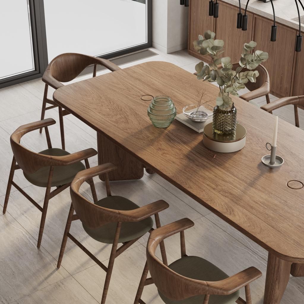 Modern wooden dining table with four mid-century chairs, eucalyptus centerpiece and minimalist decor, natural light-filled dining space Best Dining Table Sets