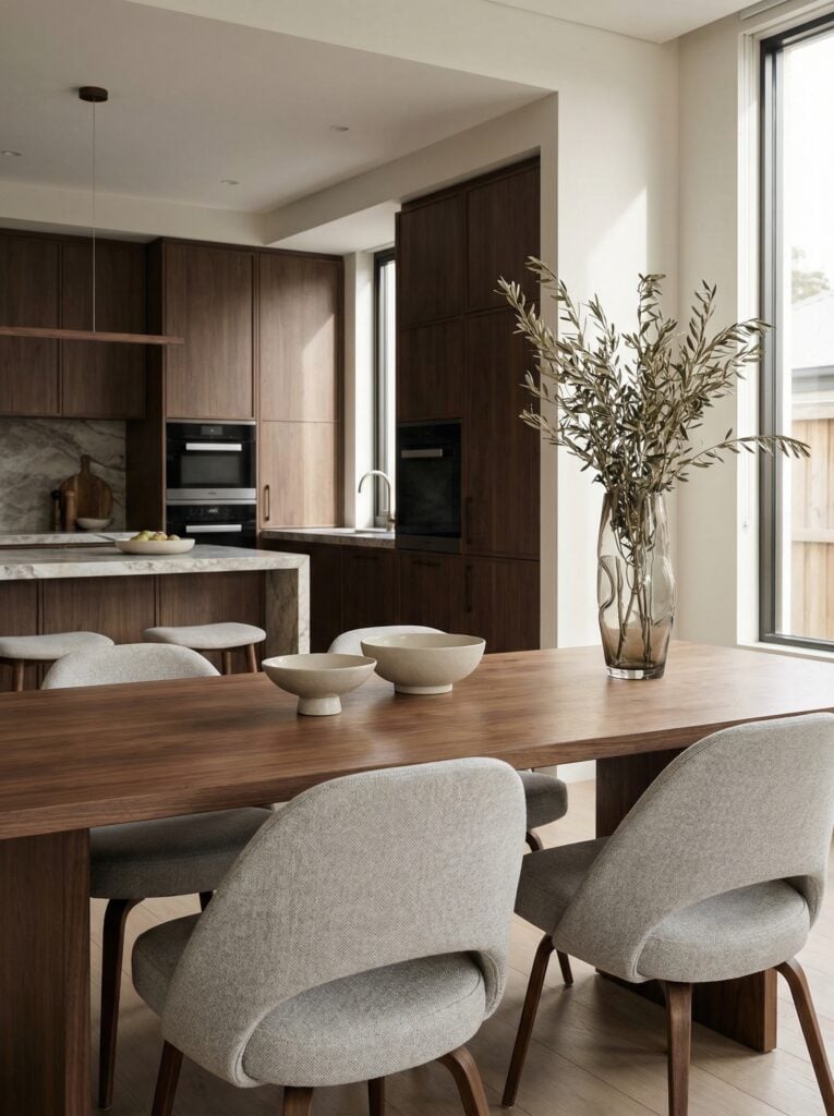 Modern dining area and kitchen with walnut table, upholstered beige chairs, marble island and tall vase of greenery, minimalist neutral design.