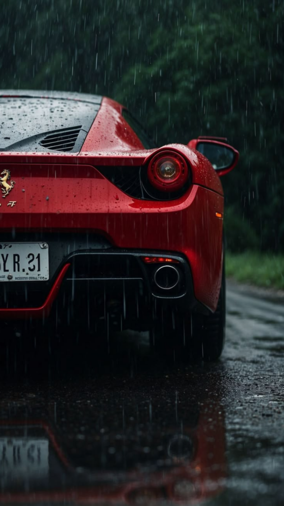 Red Ferrari rear in heavy rain with water droplets, taillight and exhaust visible, reflective wet road — luxury sports car photography.