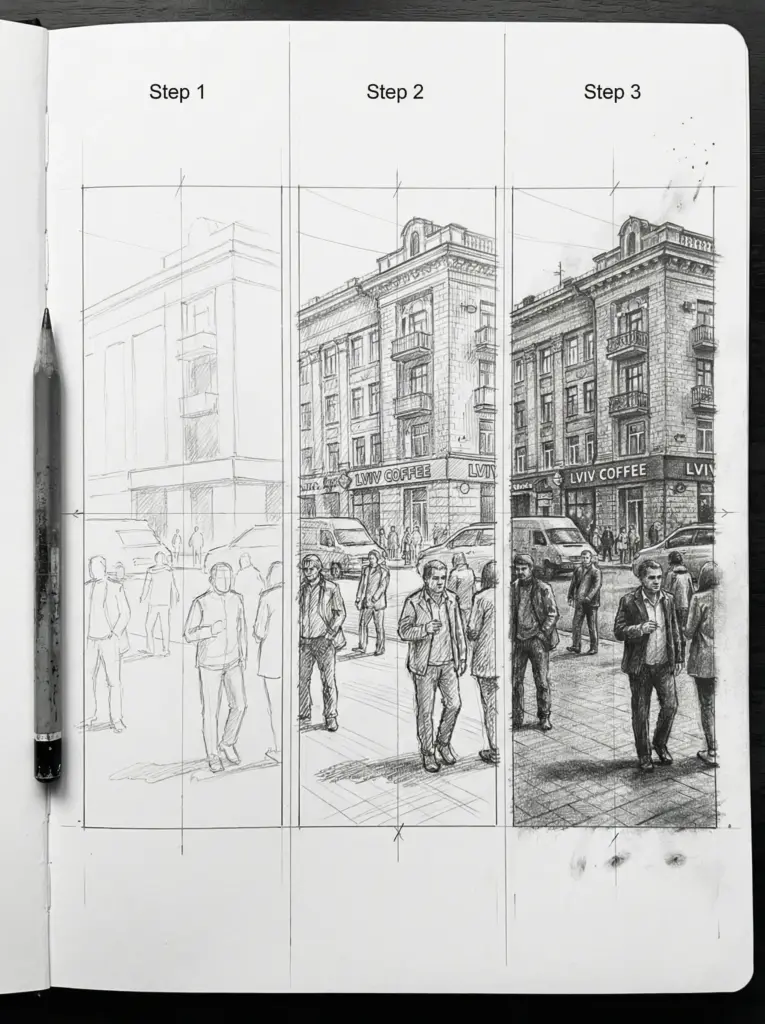 e80599b00c624180bda2060ceaafff16 Pencil sketch illustrating a step-by-step process of drawing a city street scene with people and buildings labeled as Step 1, Step 2, Step 3. | Sky Rye Design Pencil sketch illustrating a step-by-step process of drawing a city street scene with people and buildings labeled as Step 1, Step 2, Step 3.
