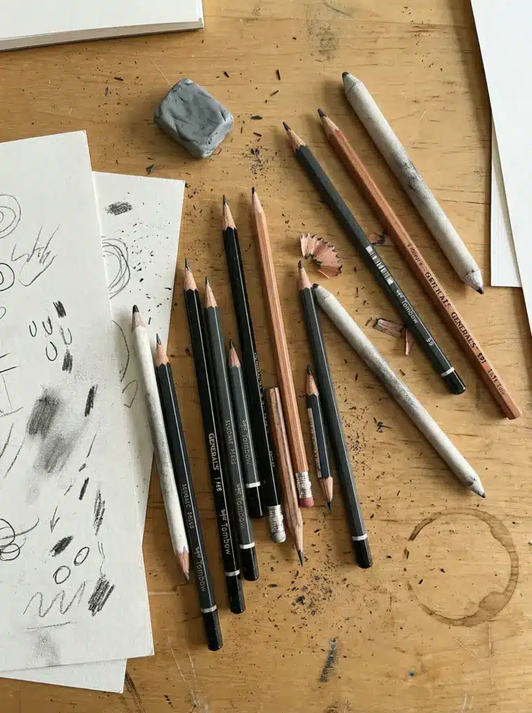 ea2c94a2515c4c008815ac2262de7b71 Assorted graphite pencils, blending stumps, eraser and sketch paper on wooden table with pencil shavings - artist supplies flatlay | Sky Rye Design Assorted graphite pencils, blending stumps, eraser and sketch paper on wooden table with pencil shavings - artist supplies flatlay