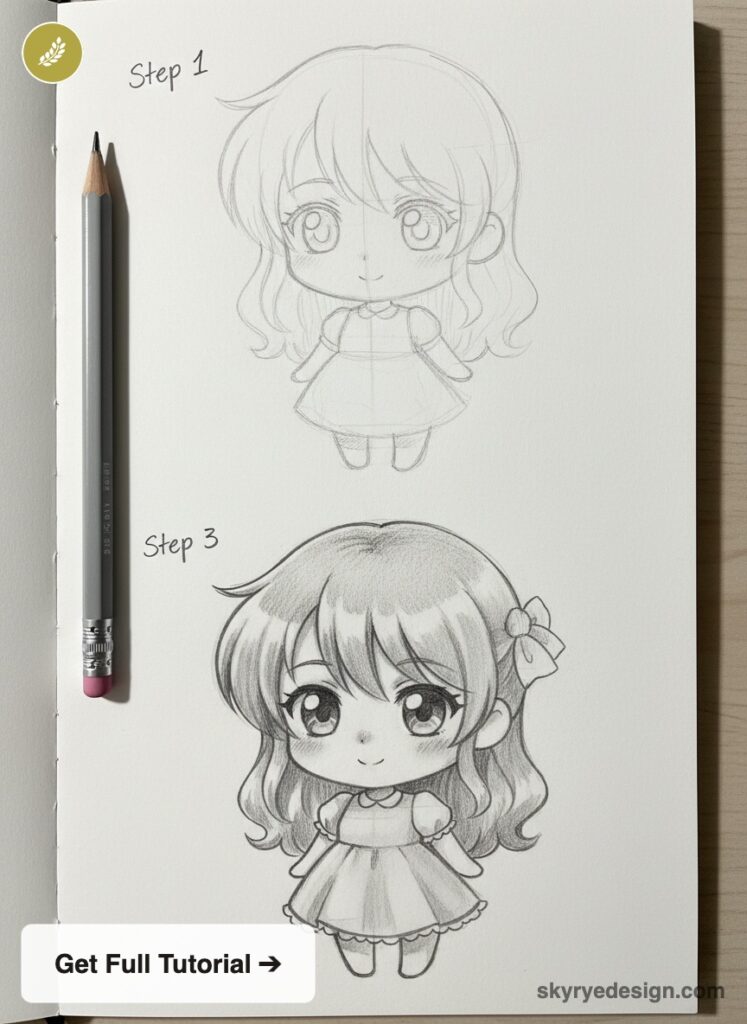 Step-by-step chibi girl pencil drawing tutorial: step 1 sketch and step 3 shaded kawaii character in sketchbook
