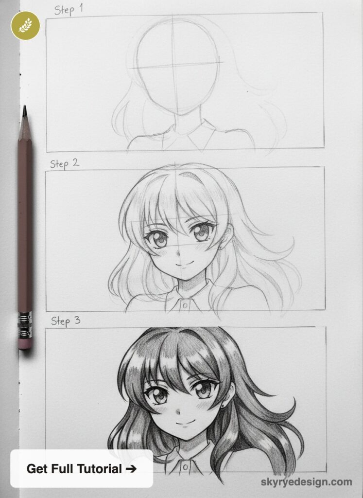 Pencil step-by-step manga tutorial: three stages of an anime girl portrait from initial sketch to shaded finished drawing